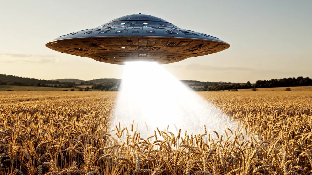 An Unidentified Flying Object Hovers Mysteriously Over a Golden Wheat Field, Emitting Light and Leaving a Trail of Curiosity in the Air Beneath Its Circular Form