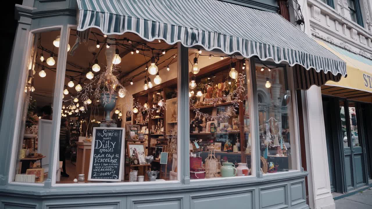 Charming street-level video of a vintage shopfront, captured at an eye-level angle, showcasing warm
