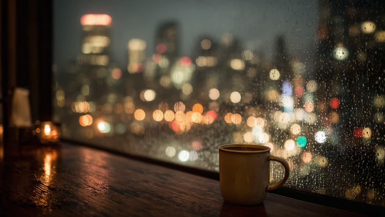 雨の夜、水滴で覆われた窓から見えるぼやけた街並みを背景に、温かいマグカップでくつろぐ夕べ。