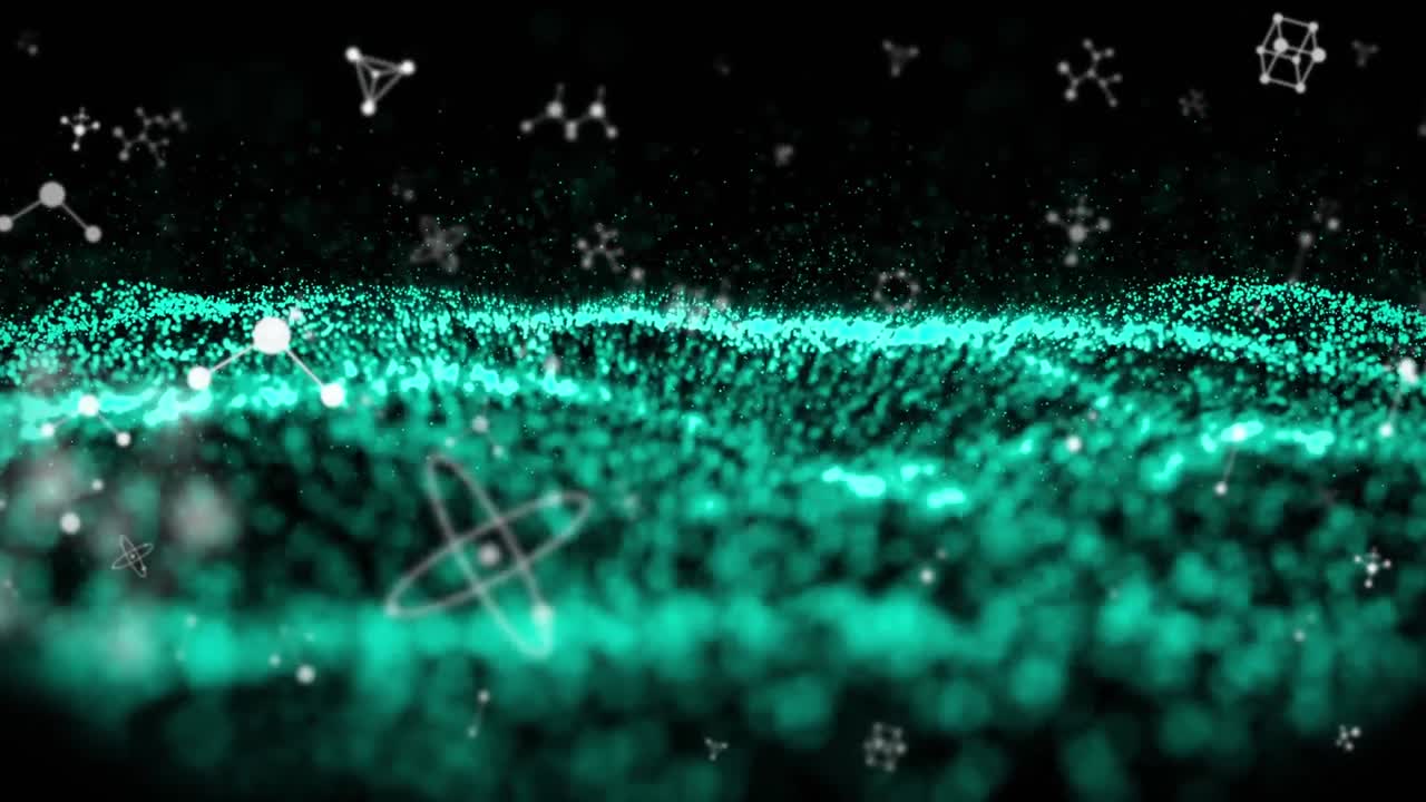 파란색 움직이는 파도 위에 떨어지는 연결의 금색 네트워크의 애니메이션