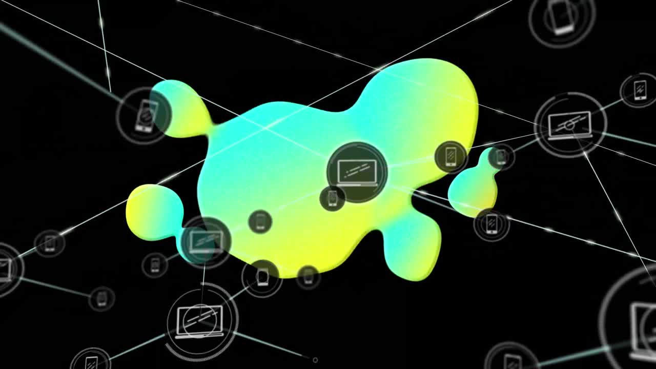 Animation of network of connections and glowing blob on black background