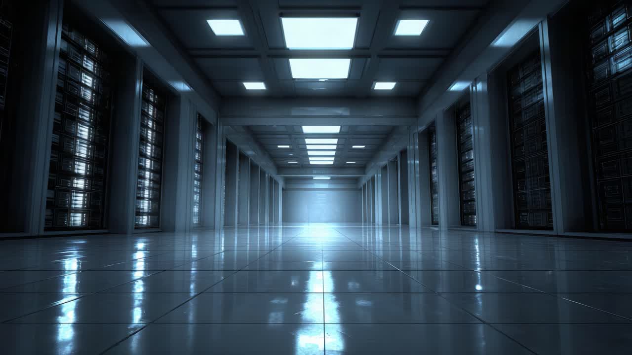 Un impressionante interno di data center ad alta tecnologia catturato in due fotogrammi, che mostra la sua estetica moderna e l'elegante design dell'illuminazione in un ambiente incontaminato.