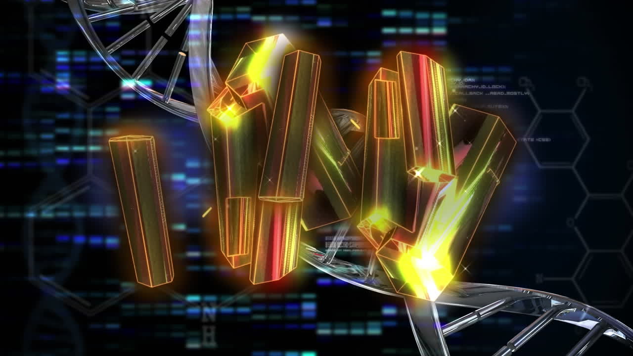 검은색 배경에 데이터 처리 위에 회전하는 오렌지색 크리스탈의 애니메이션