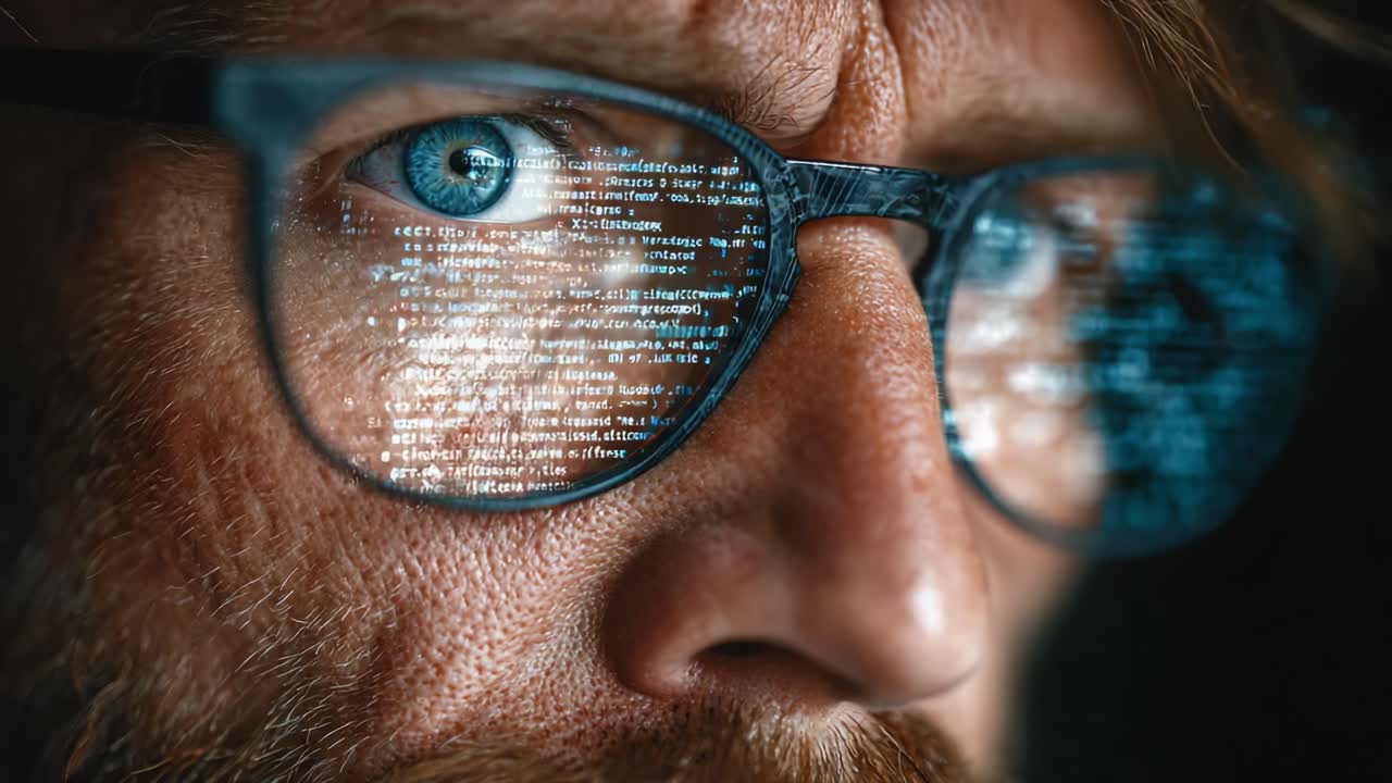 Concentrated gaze of a programmer as he analyzes complex code displayed through his glasses, showcasing a blend of human focus and digital intricacies in the coding world