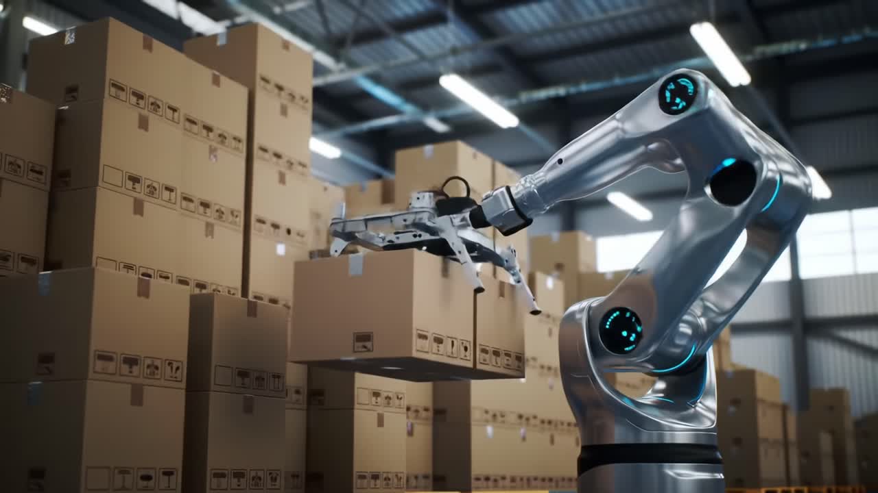 Advanced Robotic Arm Handling Packages in a Modern Warehouse Environment, Showcasing Innovation in Automation and Efficiency for Supply Chains and Logistics