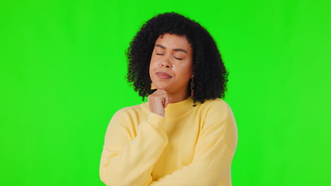 Thinking,-face-and-woman-on-studio-green-screen