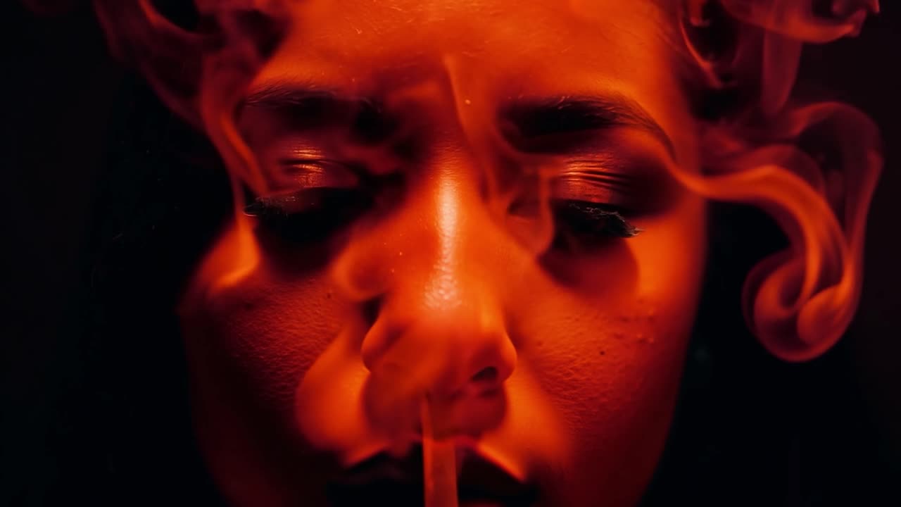 retrato de una mujer en humo rojo