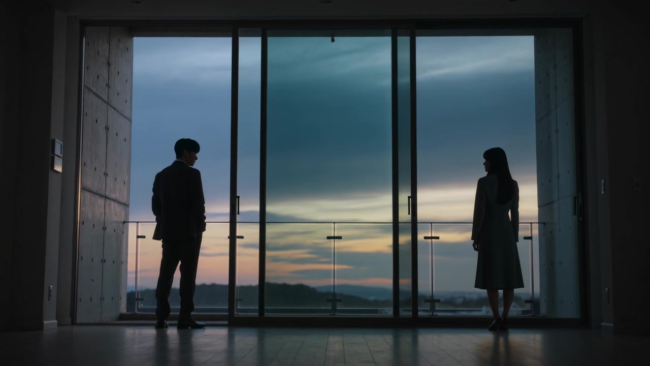 Hombre de traje y mujer con vestido de pie, viendo el atardecer en casa a través de puertas de cristal, permaneciendo inmóviles.