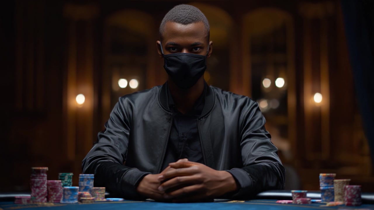 Cara de póker intensa: Un jugador confiado con una máscara en la mesa del casino, entre fichas apiladas en un ambiente con poca luz, concentrado y listo para ganar.
