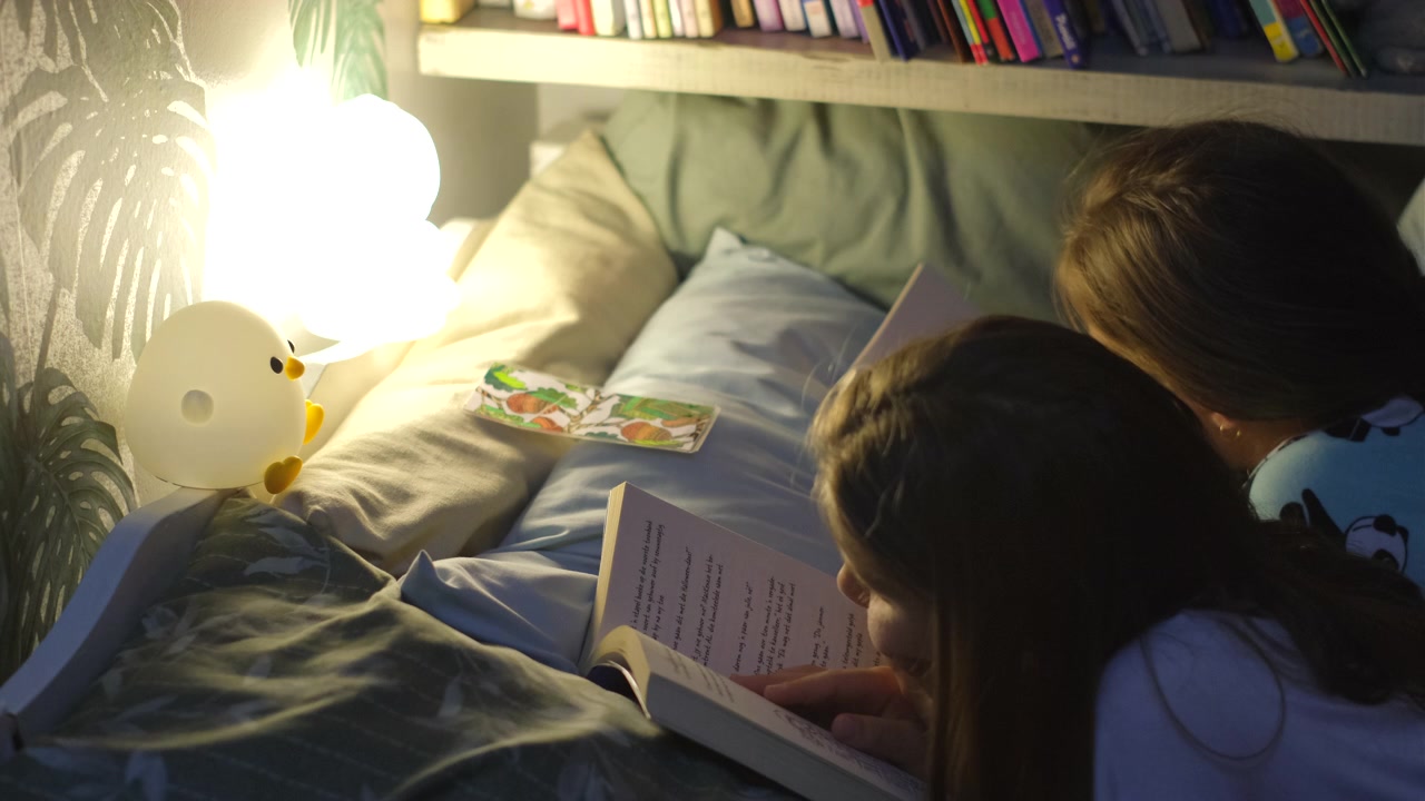 Twin sisters reading bedtime stories together in single bed near nightlight