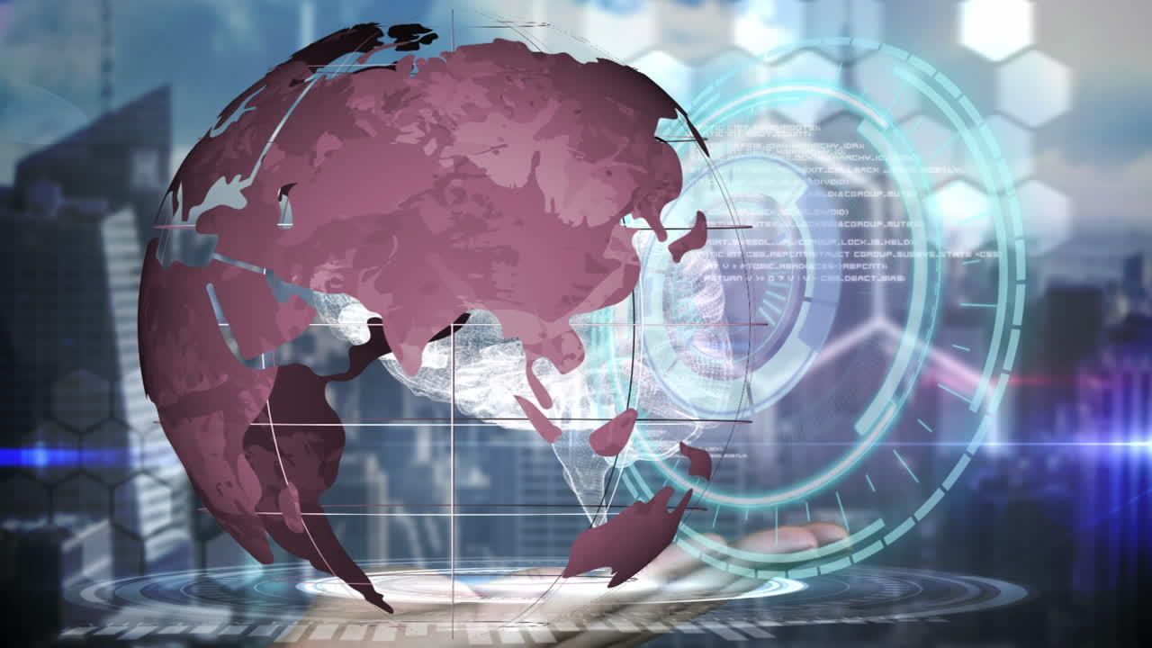 Animation of scope scanning, globe and hand holding digital brain over cityscape