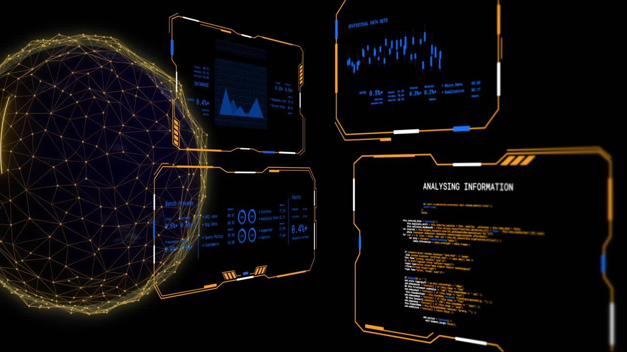 Animation of digital data processing on screens and globe over black background