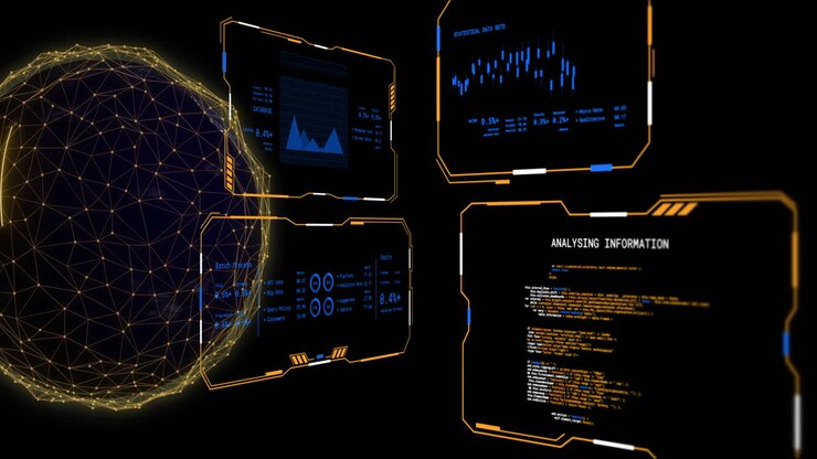 Animation of digital data processing on screens and globe over black background