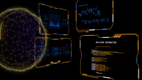 Animación-Del-Procesamiento-De-Datos-Digitales-En-Pantallas-Y-Globo-Sobre-Fondo-Negro