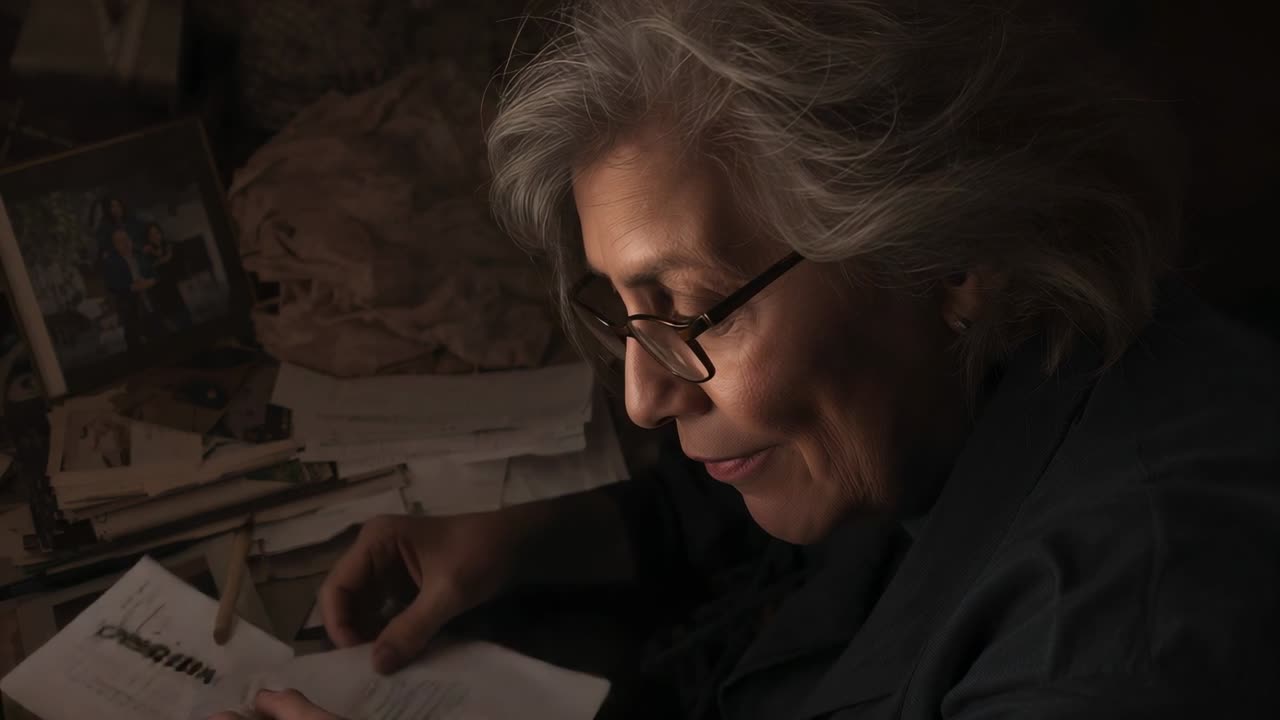 Reaching for file senior woman in glasses cardigan sorting papers pictures at home desk for records