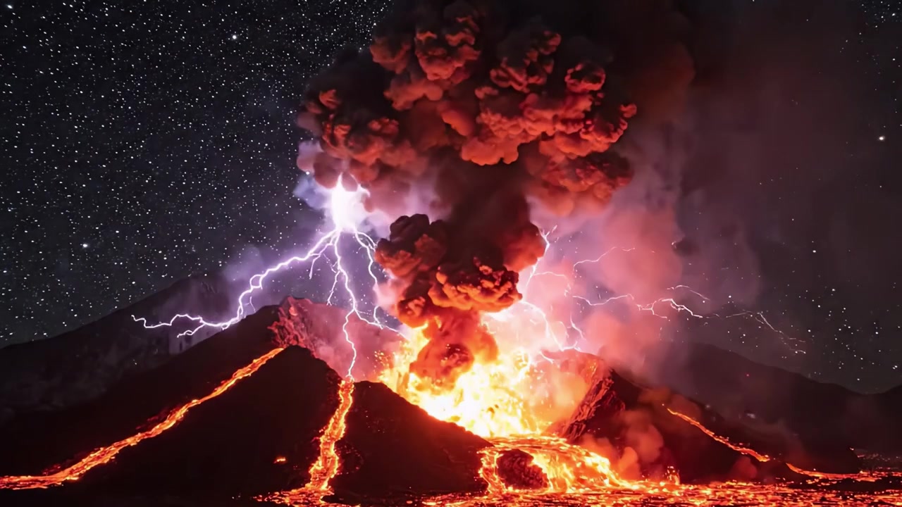 Velkolepá erupce sopky pod hvězdnou oblohou: Ohnivá láva a vybuchující popel vytvářejí dechberoucí podívanou přírodní síly.