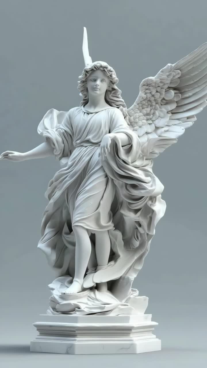 Video girato dal basso di una statua classica in marmo di un angelo, che mette in risalto dettagli intricati ed eleganti