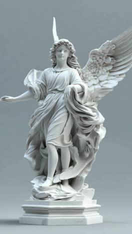 A low-angle video shot of a classical marble angel statue, showcasing intricate details and elegant