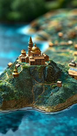 miniature model of an ancient castle overlooking a serene sea