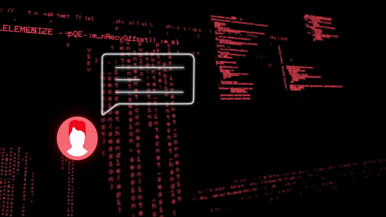 animación de procesamiento de datos en rojo y alerta de redes sociales con icono de usuario sobre fondo negro