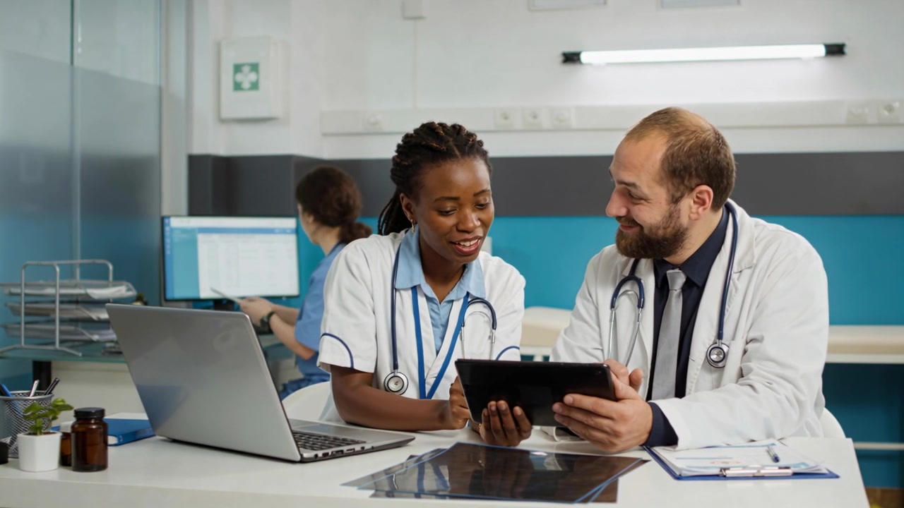 Clinica donna in camice bianco che indica, guida la revisione di un tablet alla scrivania, confermando i risultati della radiografia.