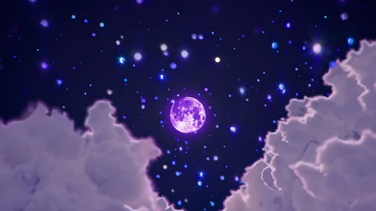A mystical video scene with a low-angle view of a purple moon surrounded by twinkling stars