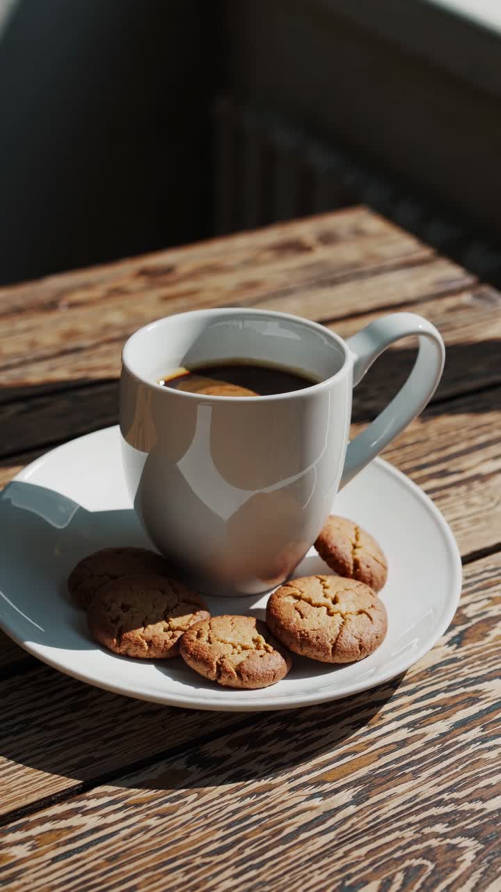 A cozy, close-up video shot of a coffee cup with cookies on a rustic wooden table