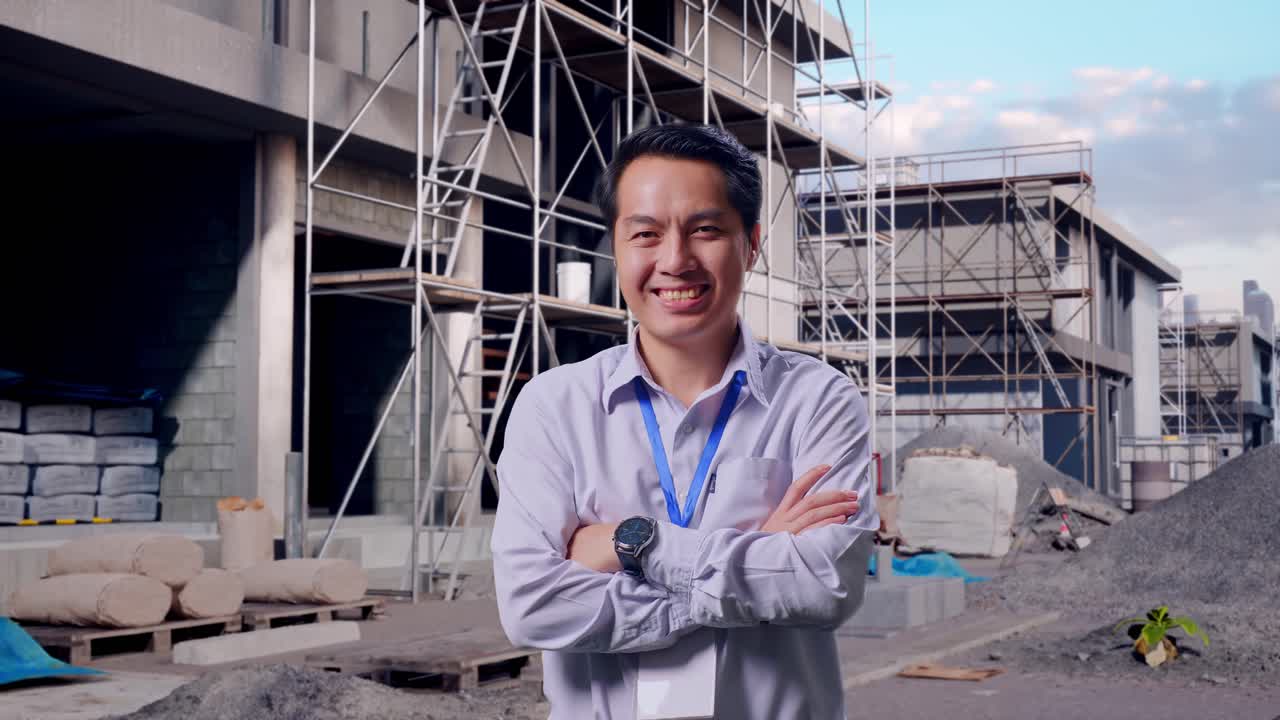 Potret Seorang Pekerja Profesional Pria Asia yang Berdiri di Lokasi Konstruksi Rumah Baru, dengan Senyum Lebar ke Arah Kamera dan Menyilangkan Lengan di Depan Dada