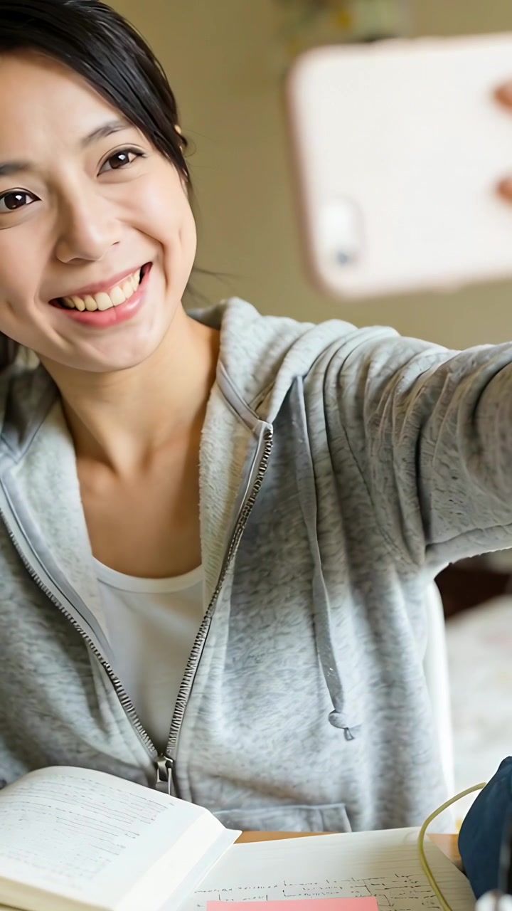 Video verticale: Donna asiatica che solleva lo smartphone, inquadrando un selfie nello studio di casa, mostrando appunti.