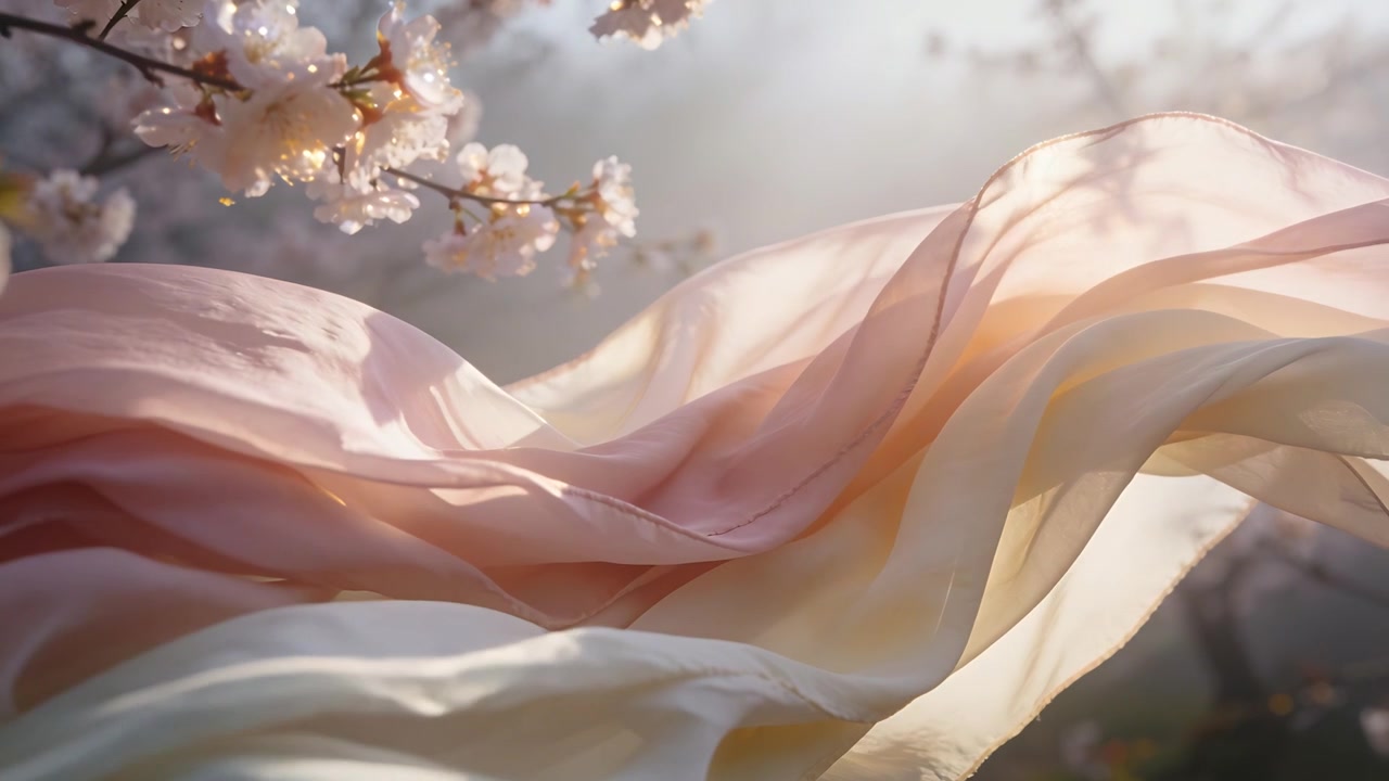 Tessuto di chiffon traslucido che ondeggia, mosso da una leggera brezza in giardino, mostrando le ombre dei fiori.