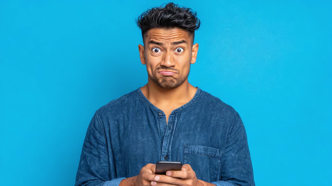 Expressive Reactions: A Man's Journey from Disappointment to Surprise While Interacting with a Smartphone Against a Vibrant Blue Background