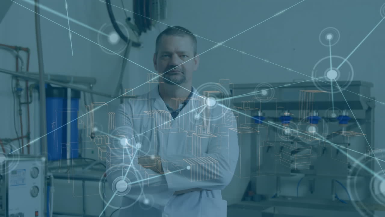 animación de la red de conexiones sobre el trabajador de tejido caucásico