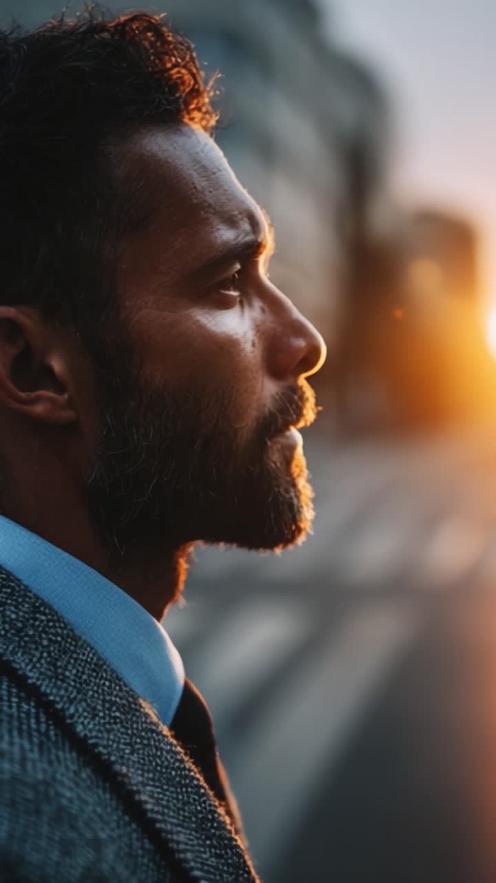 A Reflection of Resilience: Capturing a Man's Contemplation at Sunset, Symbolizing Hope and Determination in Urban Life