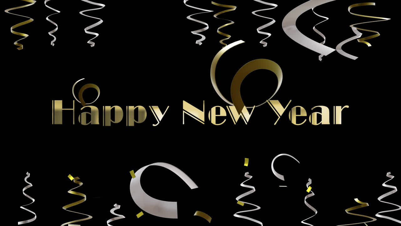 Animazione di testo "Buon Anno Nuovo", stelle filanti e coriandoli su sfondo nero
