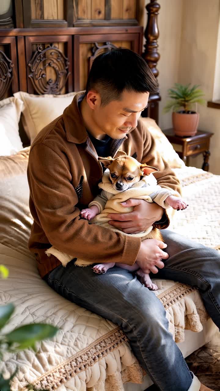 Family time: asian father, baby, and dog sharing a moment.