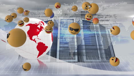 multiple face emojis floating over spinning globe and computer servers against clouds in sky