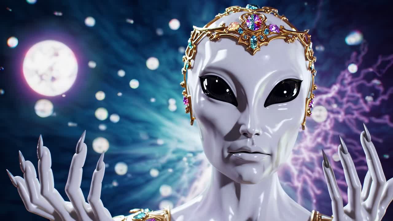 Alien monarch wearing golden headdress, jewel encrusted, reaching forward with elongated nails amid cosmic background of planets, nebulae, starry expanse