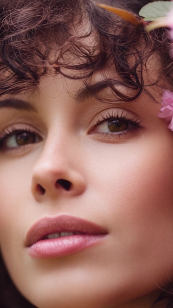Un ritratto ravvicinato accattivante di una donna con bellissimi capelli ricci circondata da delicati fiori, che mette in mostra bellezza naturale ed eleganza