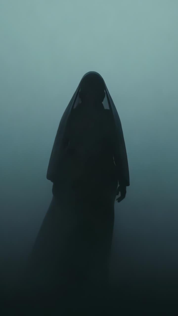 Vertical video: Parting mist revealing hooded figure edging through misty clearing, robe swaying