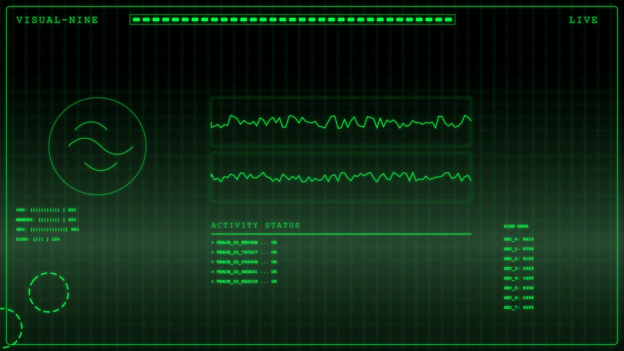 Digital Green Interface Displaying Real-Time Data Monitoring