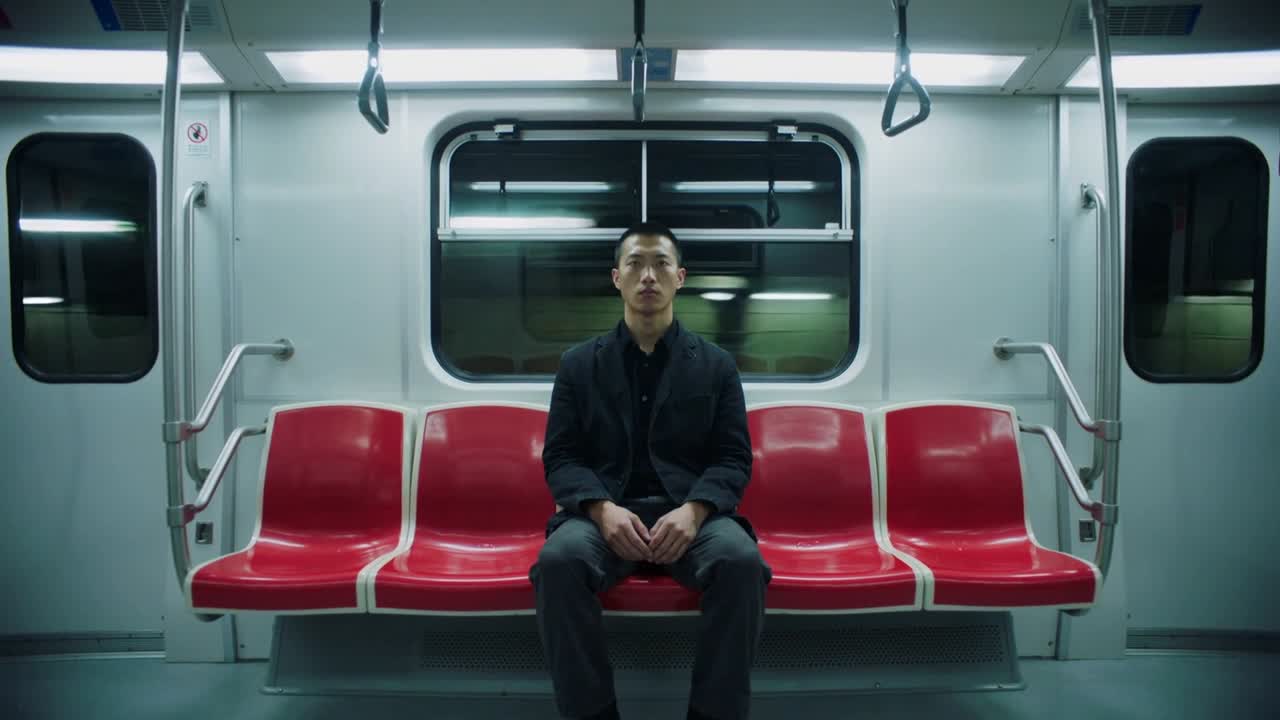 Uomo seduto in metropolitana, con un blazer e le mani giunte sui sedili rossi, mentre il treno passa davanti al finestrino.