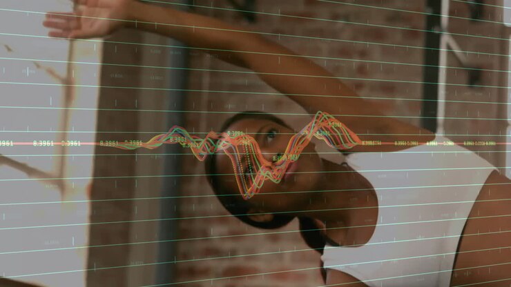 Animation of data processing and diagrams over biracial woman exercising