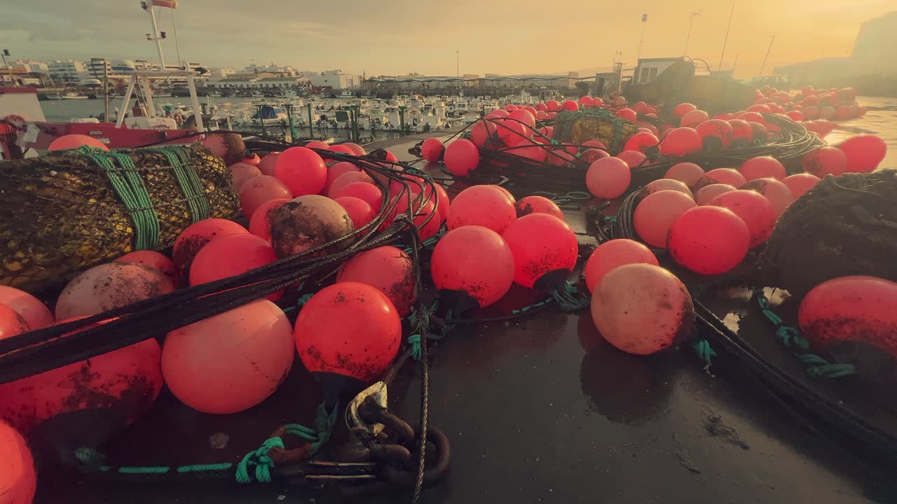 Vibrant red buoys decorate the docks of a charming Spanish fishing village, firmly secured along the coastal pier, providing a glimpse into the enchantment of this cozy port and fishing community