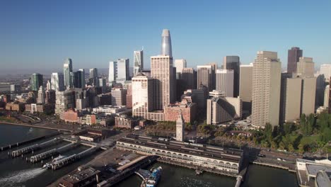 San-Francisco-skyline,-waterfront,-downtown-and-financial-district,-4K-drone-shot