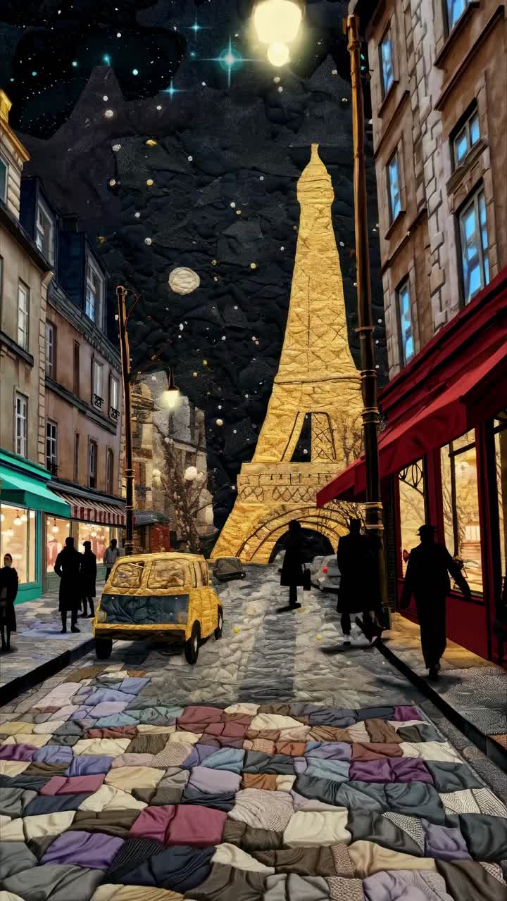 Whimsical street scene with Eiffel Tower, quilt-like textures, night sky