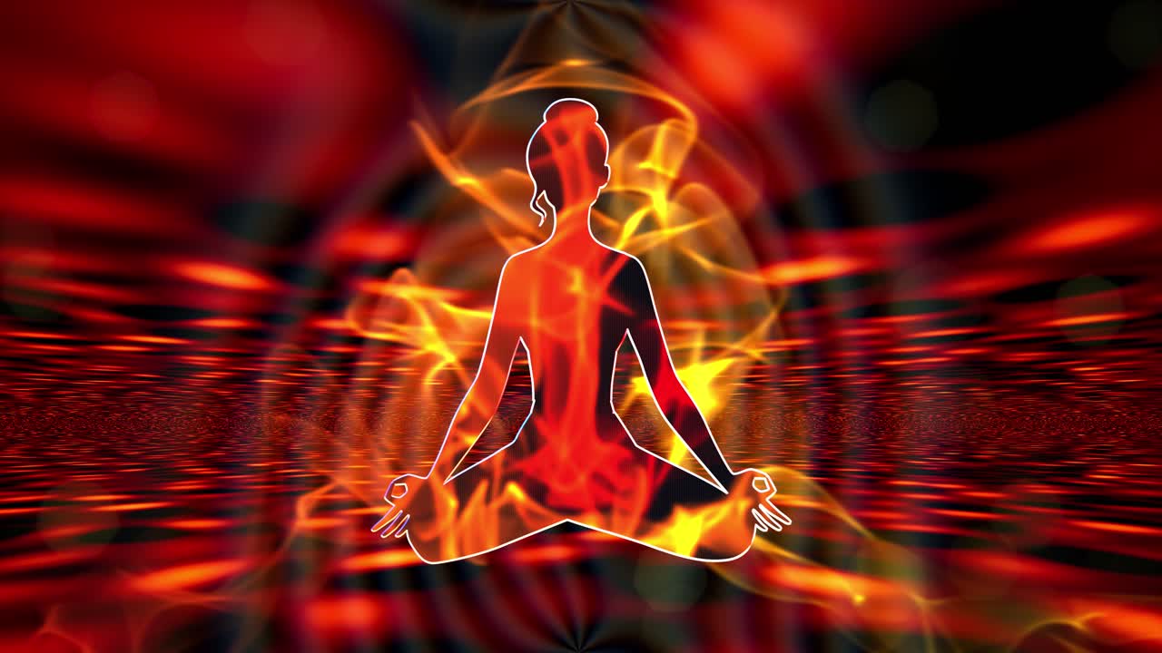 Female silhouette performing Yoga pose Sukhasana with orange energy and moving red background 3D animation