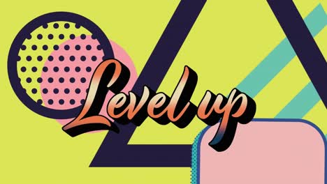 animation of level up text over colorful graphics and shapes