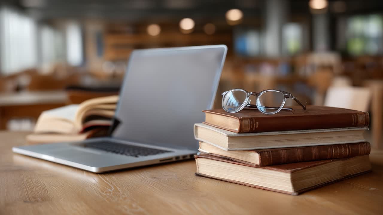 A serene study setup featuring a stack of classic books, a sleek laptop, and reading glasses, creating an inviting atmosphere for learning and exploration