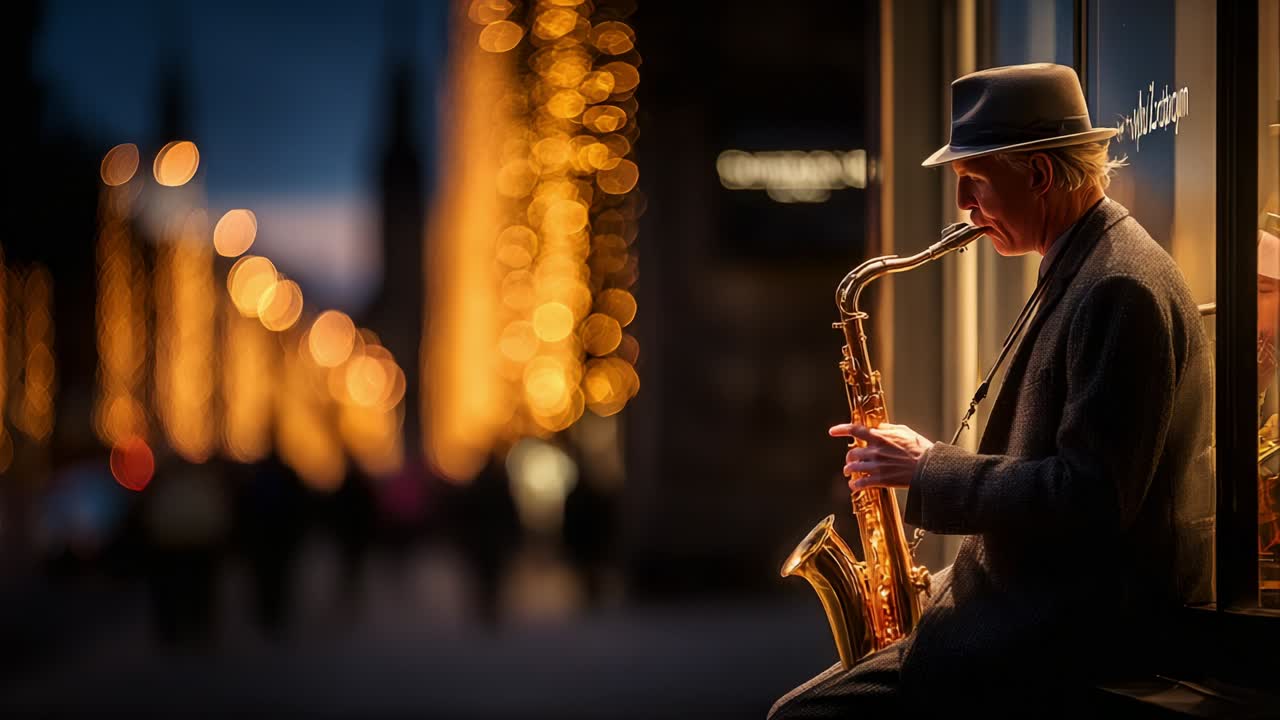A Soulful Evening Performance: A Skilled Musician Playing the Saxophone Amidst a Magical Urban Landscape Filled with Glimmering Lights and an Enchanting Atmosphere, Capturing the Essence of Joy and Passion for Music
