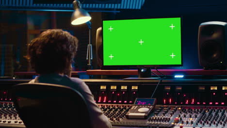 diseñador de sonido mira tutoriales en línea a través de un monitor de pantalla verde